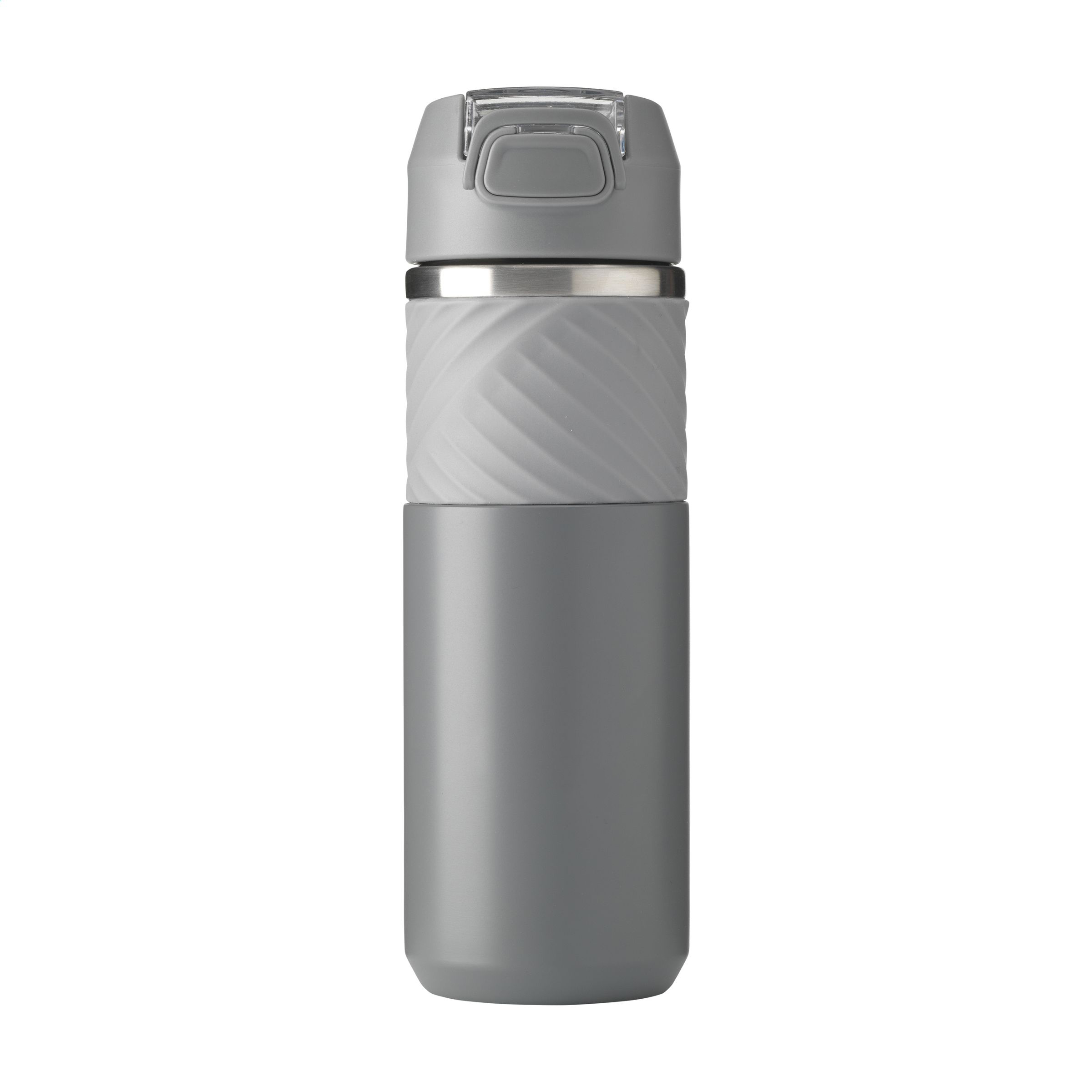 Thermosfles-met-rubberen-grip-Gerecycled-RVS-500-ml-bedrukken-grijs