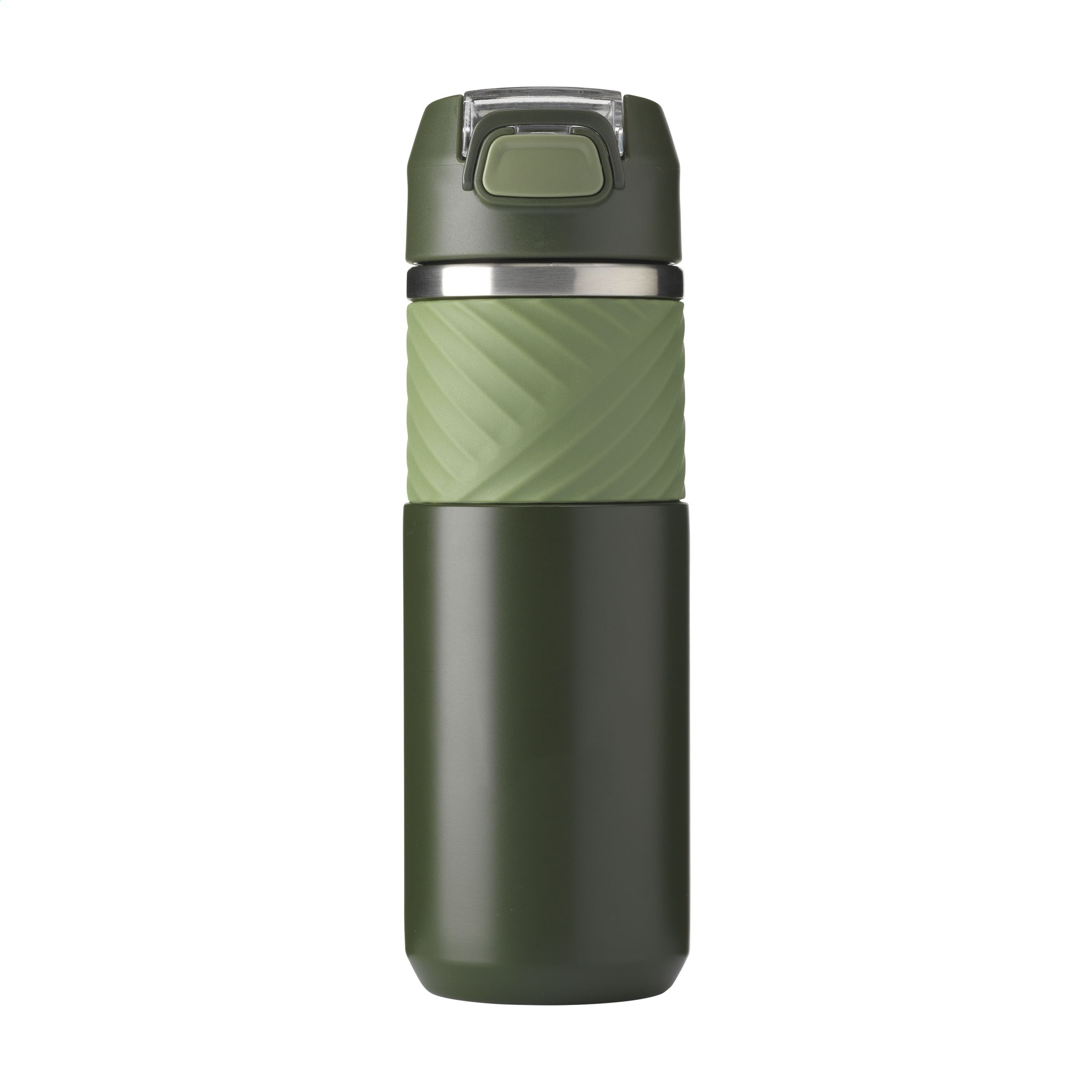 Thermosfles-met-rubberen-grip-Gerecycled-RVS-500-ml-bedrukken-donkergroen