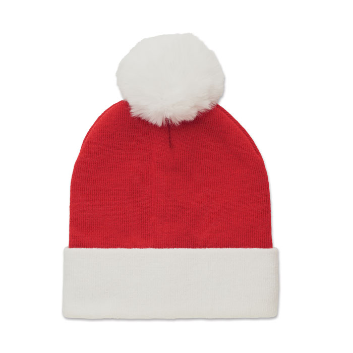 Gebreide-kerstmuts-met-pompon-Acryl-bedrukken-rood