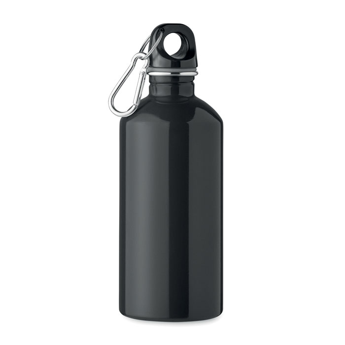 Waterfles-met-karabijnhaak-Gerecycled-RVS-500-ml-bedrukken-zwart