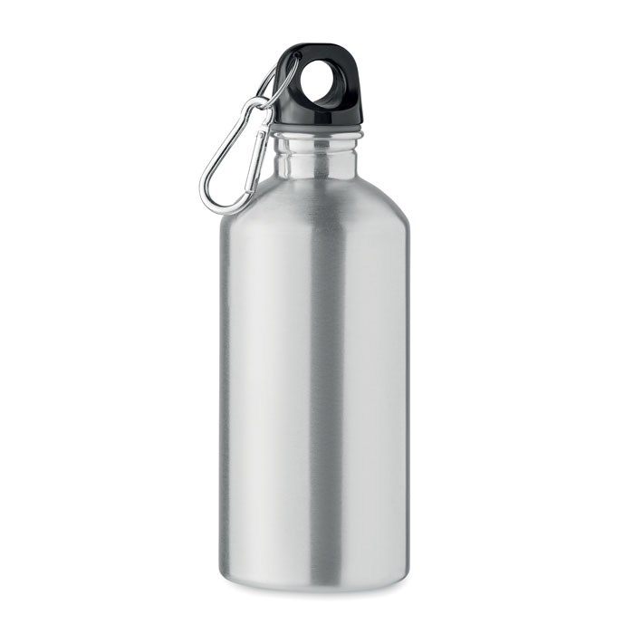 Waterfles-met-karabijnhaak-Gerecycled-RVS-500-ml-bedrukken-zilver