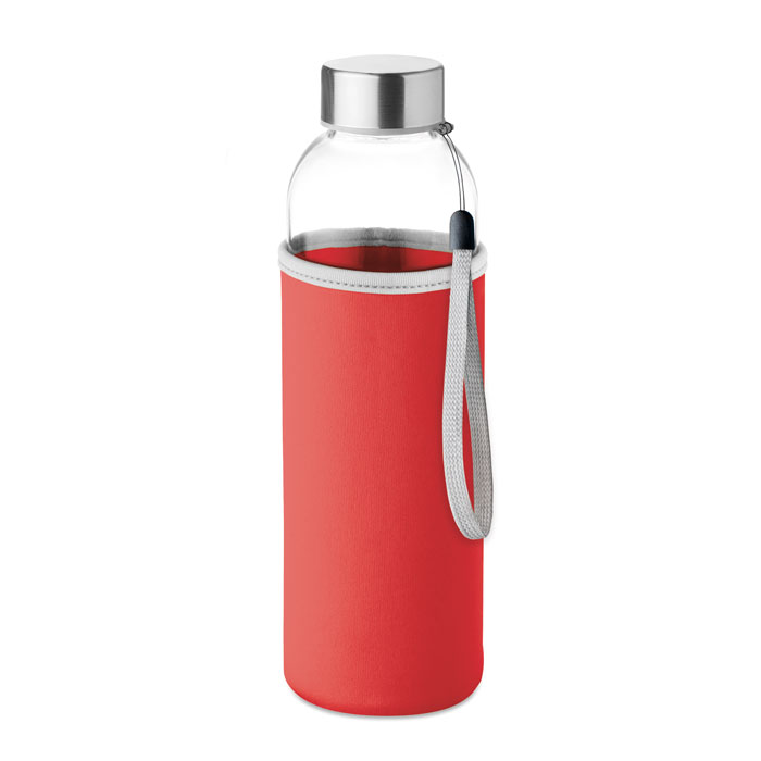 Waterfles-met-beschermhoes-Glas-500-ml-bedrukken-rood