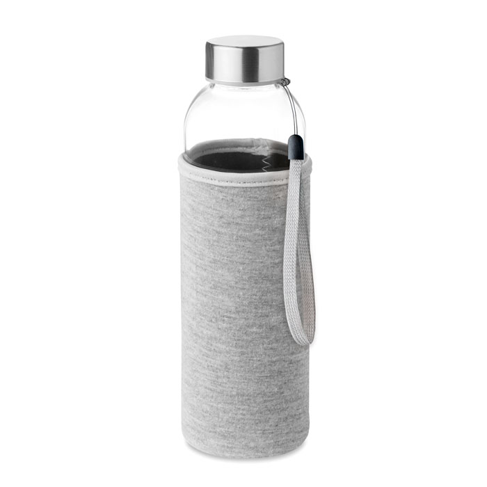 Waterfles-met-beschermhoes-Glas-500-ml-bedrukken-grijs