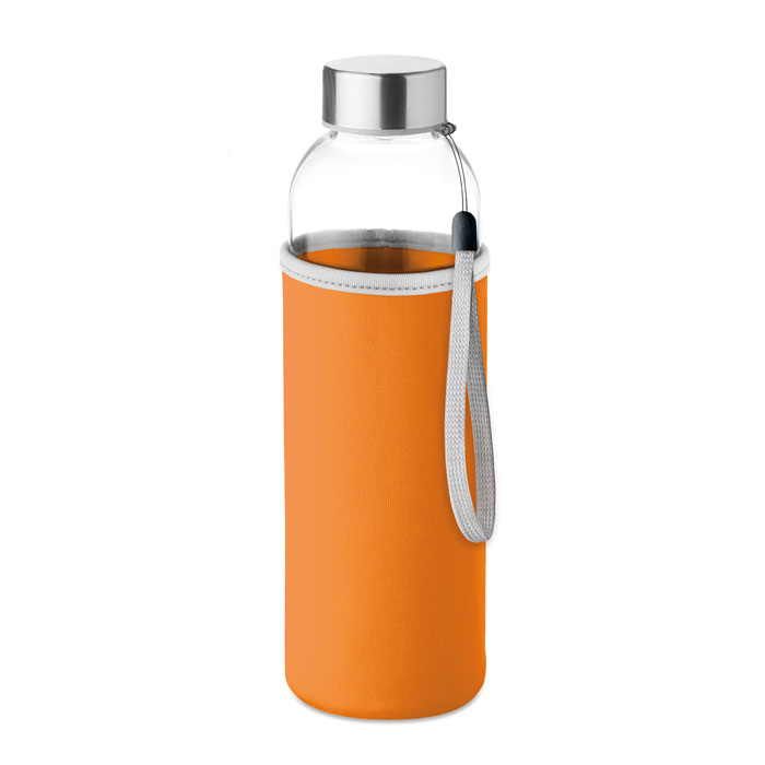 Waterfles-met-beschermhoes-Glas-500-ml-bedrukken-oranje