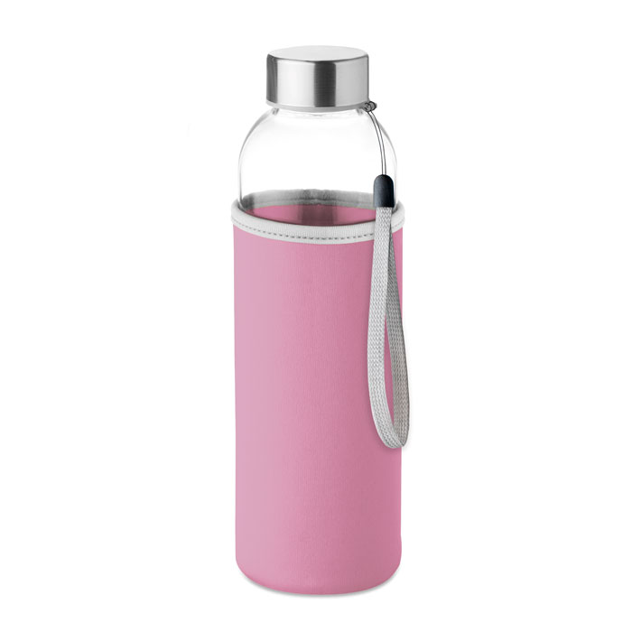 Waterfles-met-beschermhoes-Glas-500-ml-bedrukken-roze