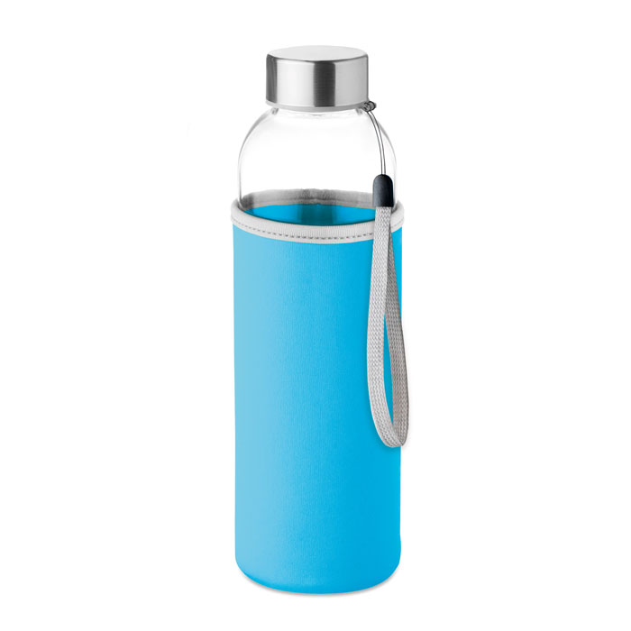 Waterfles-met-beschermhoes-Glas-500-ml-bedrukken-lichtblauw