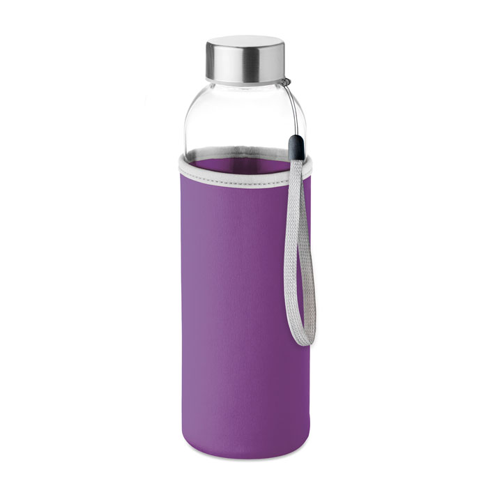 Waterfles-met-beschermhoes-Glas-500-ml-bedrukken-paars