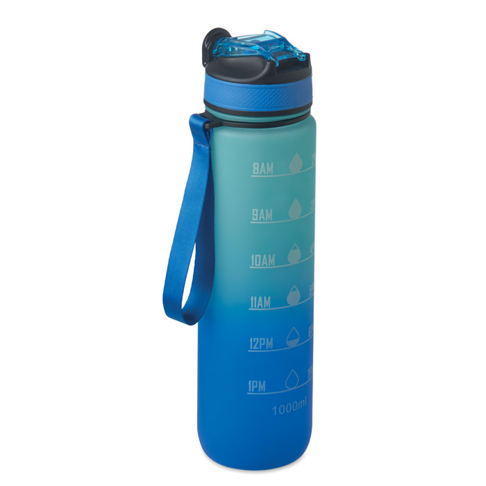 Sportwaterfles-met-tijdsaanduiding-RPET-1L-bedrukken-blauw