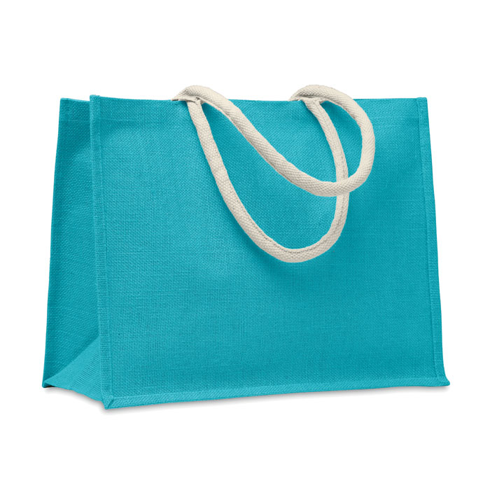 Jute-strandtas-met-katoenen-draaghengsels-43-x-34-cm-bedrukken-turquoise