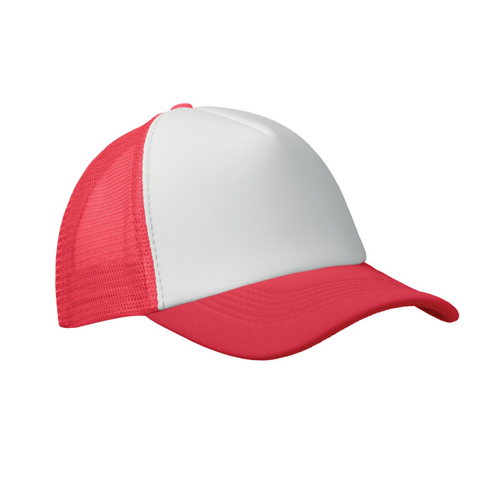 Trucker-cap-Polyester-150-gm-bedrukken-rood-wit