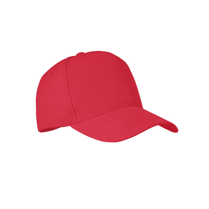 Baseball-cap-met-gespsluiting-RPET-polyester-210-gm-bedrukken-rood