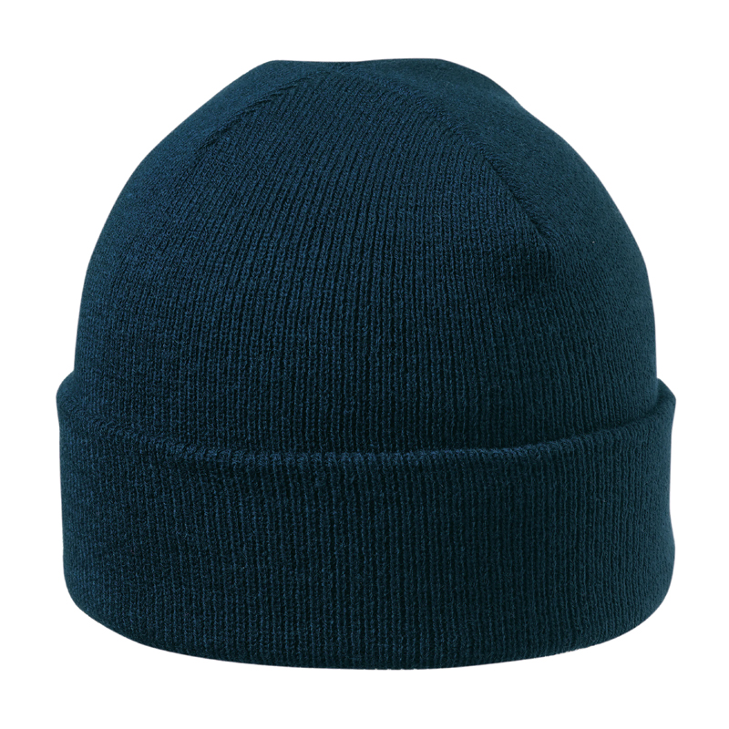 Beanie-met-kunstlederen-badge-Acryl-bedrukken-donkerblauw