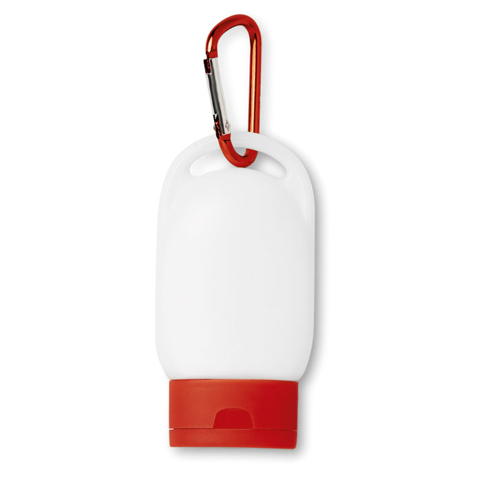 Zonnebrandcrme-met-karabijnhaak-SPF25-30-ml-bedrukken-rood