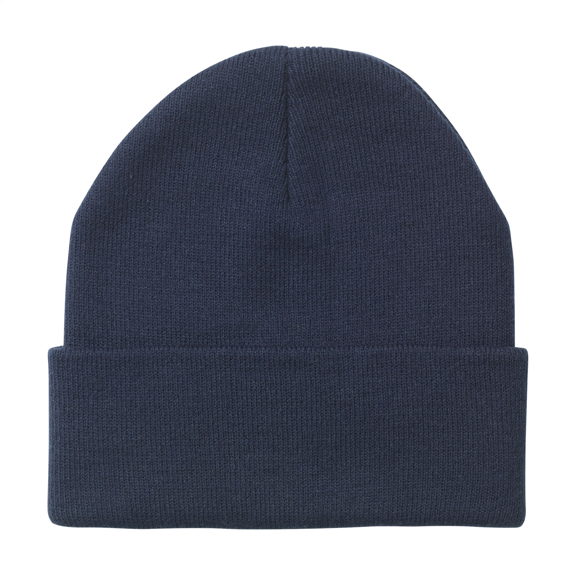 Gebreide-beanie-muts-met-patch-RPET-polyester-bedrukken-donkerblauw
