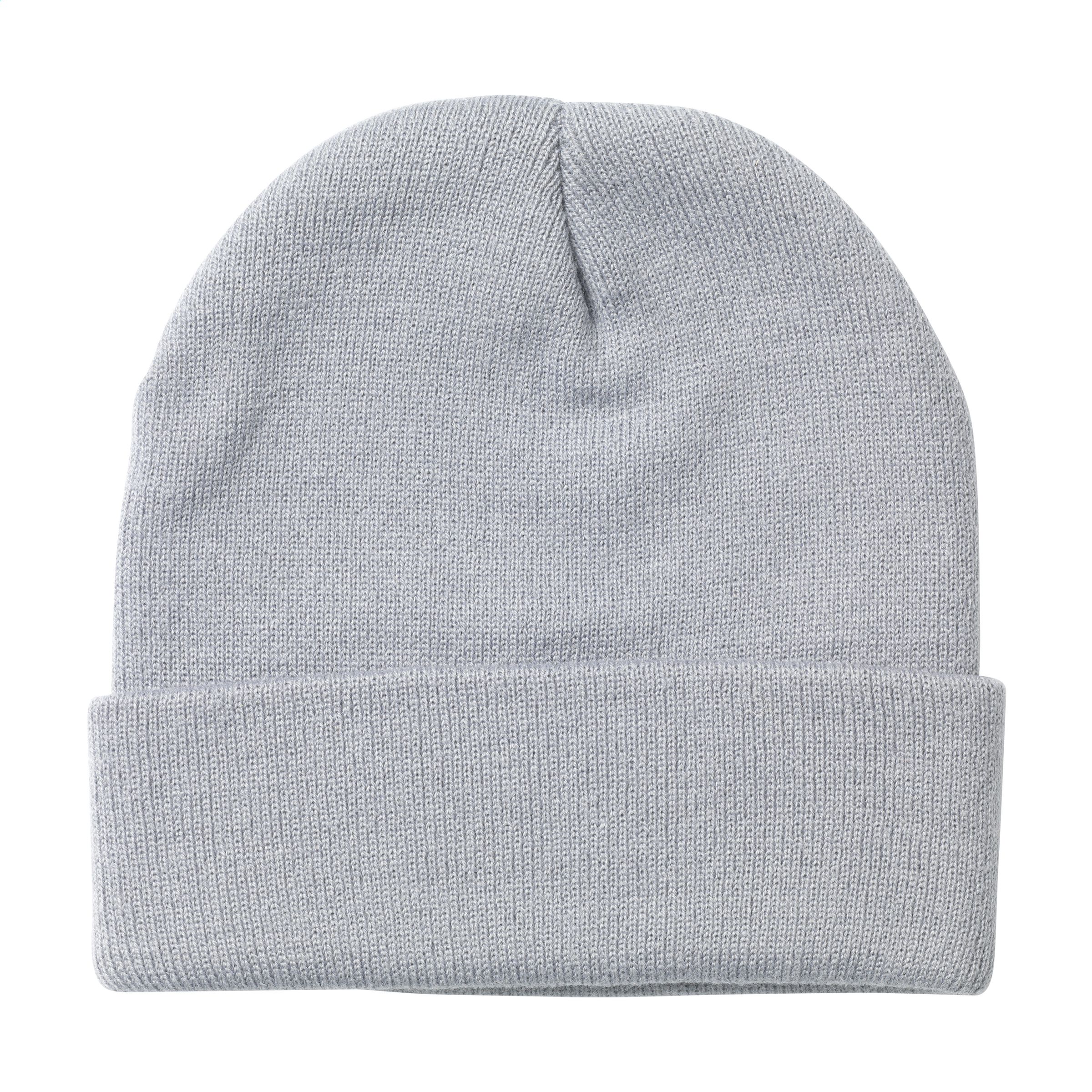 Gebreide-beanie-muts-met-patch-RPET-polyester-bedrukken-grijs