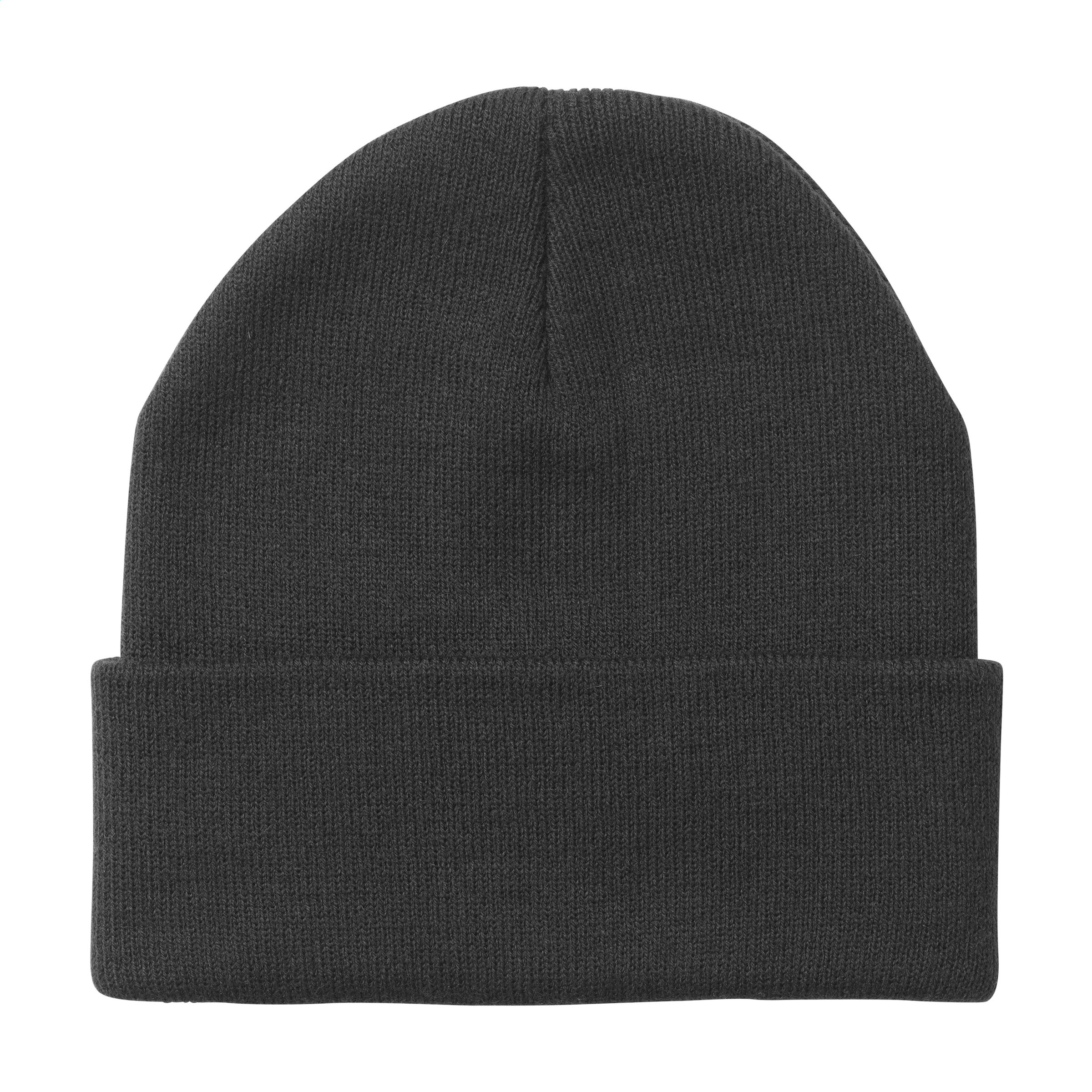 Gebreide-beanie-muts-met-patch-RPET-polyester-bedrukken-zwart