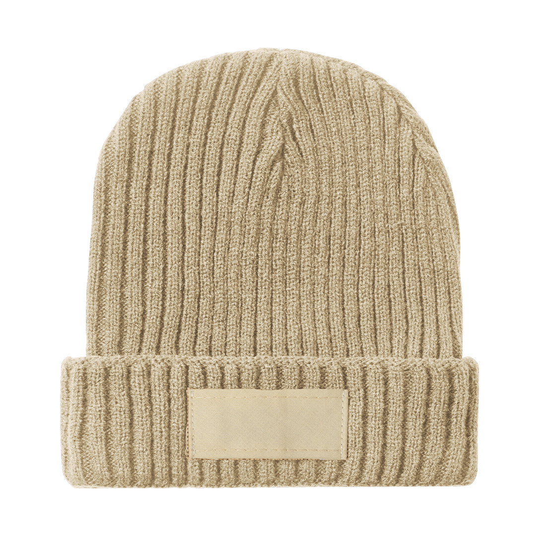 Geribde-gebreide-muts-Elastisch-acryl-met-label-bedrukken-beige
