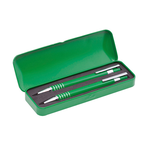 Aluminium-pennenset-met-opbergdoosje-Balpen-en-vulpotlood-bedrukken-groen