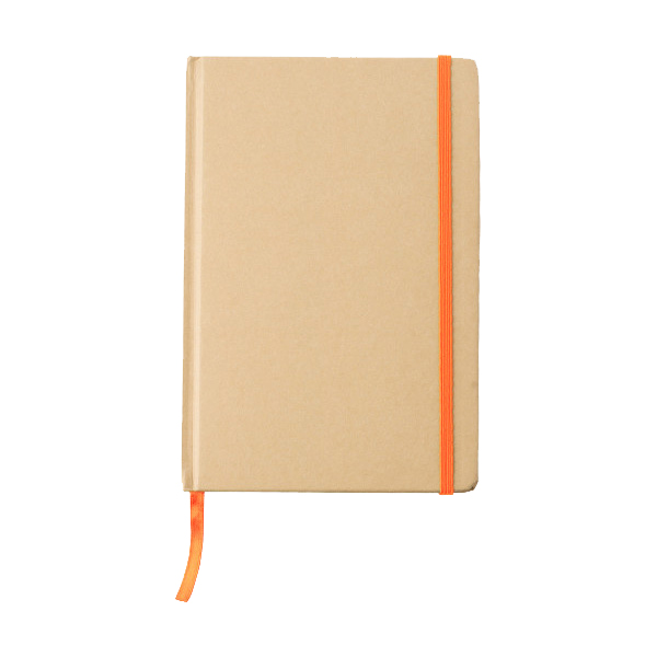 Notitieboekje-A5-Gerecycled-papier-Elastiek-bedrukken-oranje