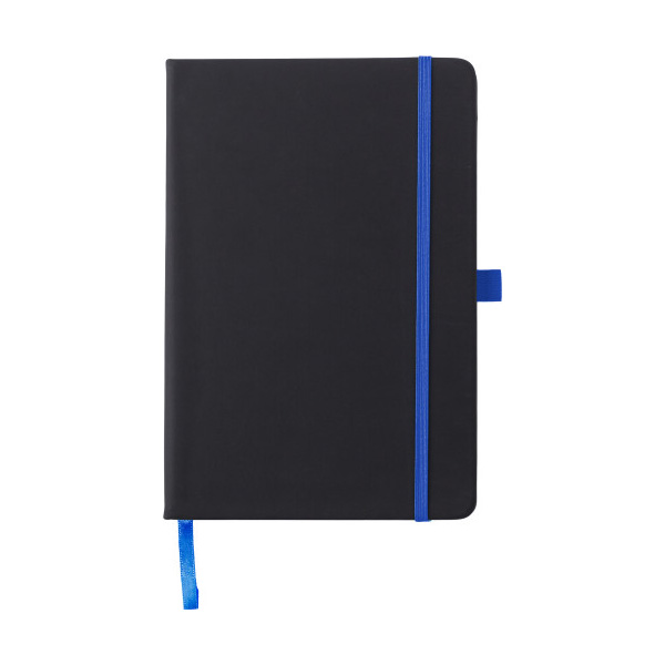 Notitieboekje-A5-zwart-Gelinieerd-Gekleurde-elastiek-bedrukken-blauw