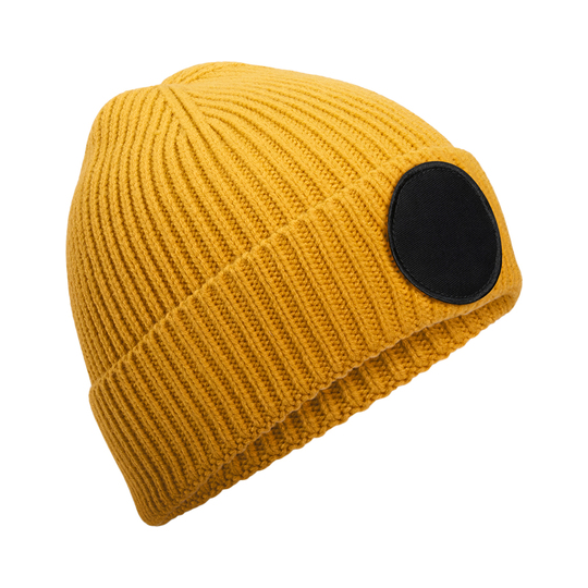 RPET-beanie-Met-ronde-patch-bedrukken-geel