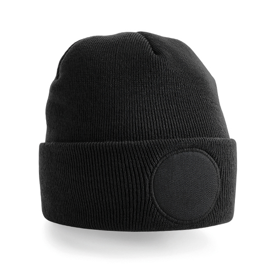 Beechfield-Acryl-beanie-Met-ronde-patch-bedrukken-zwart