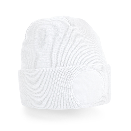 Beechfield-Acryl-beanie-Met-ronde-patch-bedrukken-wit