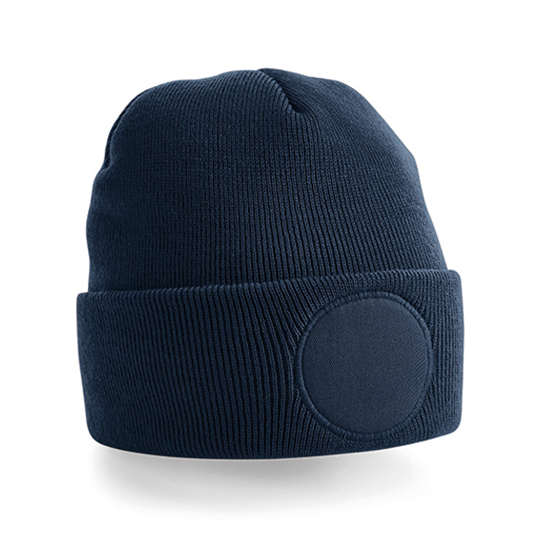 Beechfield-Acryl-beanie-Met-ronde-patch-bedrukken-donkerblauw