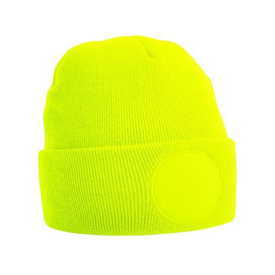 Beechfield-Acryl-beanie-Met-ronde-patch-bedrukken-fel-geel