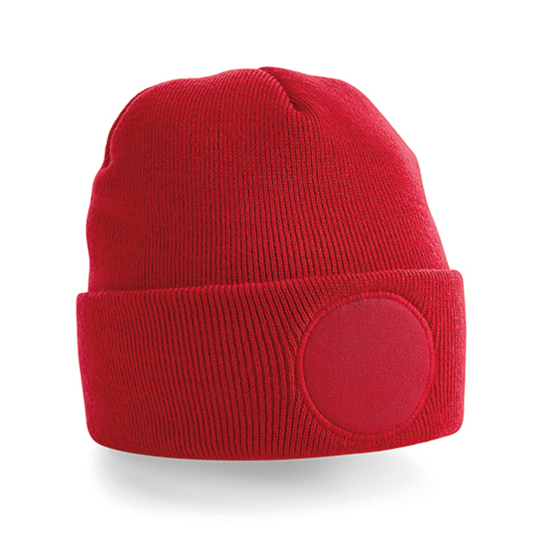 Beechfield-Acryl-beanie-Met-ronde-patch-bedrukken-rood
