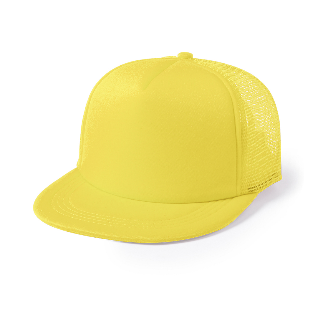 Snapback-cap-met-kunststof-sluiting-5-panel-mesh-bedrukken-geel