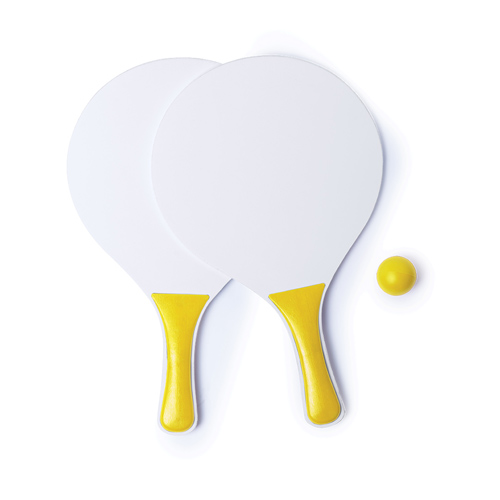 Beachball-rackets-met-bal-Hout-bedrukken-geel