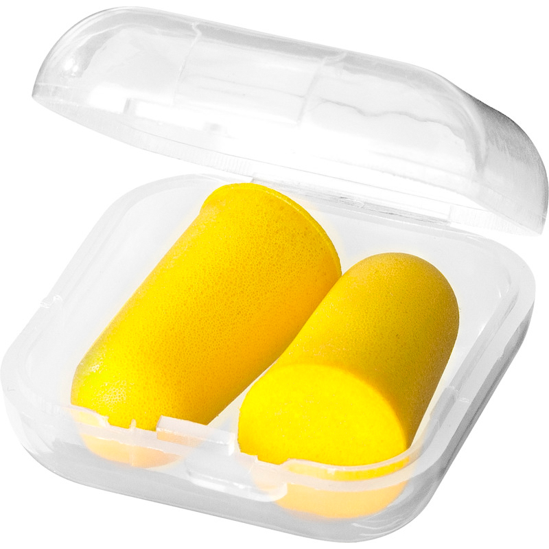 Foam-oordopjes-in-opbergdoosje-bedrukken-geel