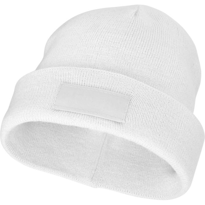 Acryl-rib-beanie-met-patch-bedrukken-wit