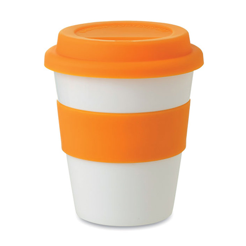 Kunststof-koffiebeker-met-siliconen-deksel-350-ml-bedrukken-oranje