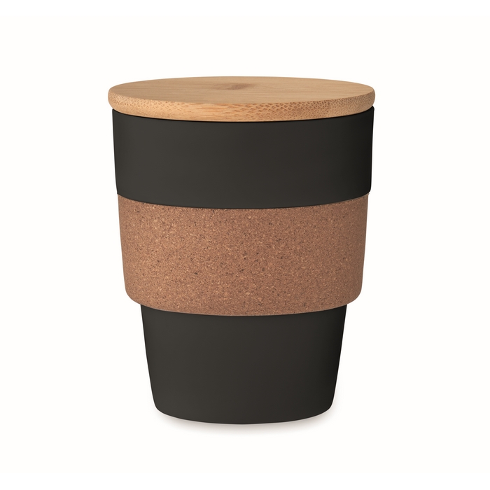 Koffiebeker-met-bamboe-deksel-Kurk-300-ml-bedrukken-zwart