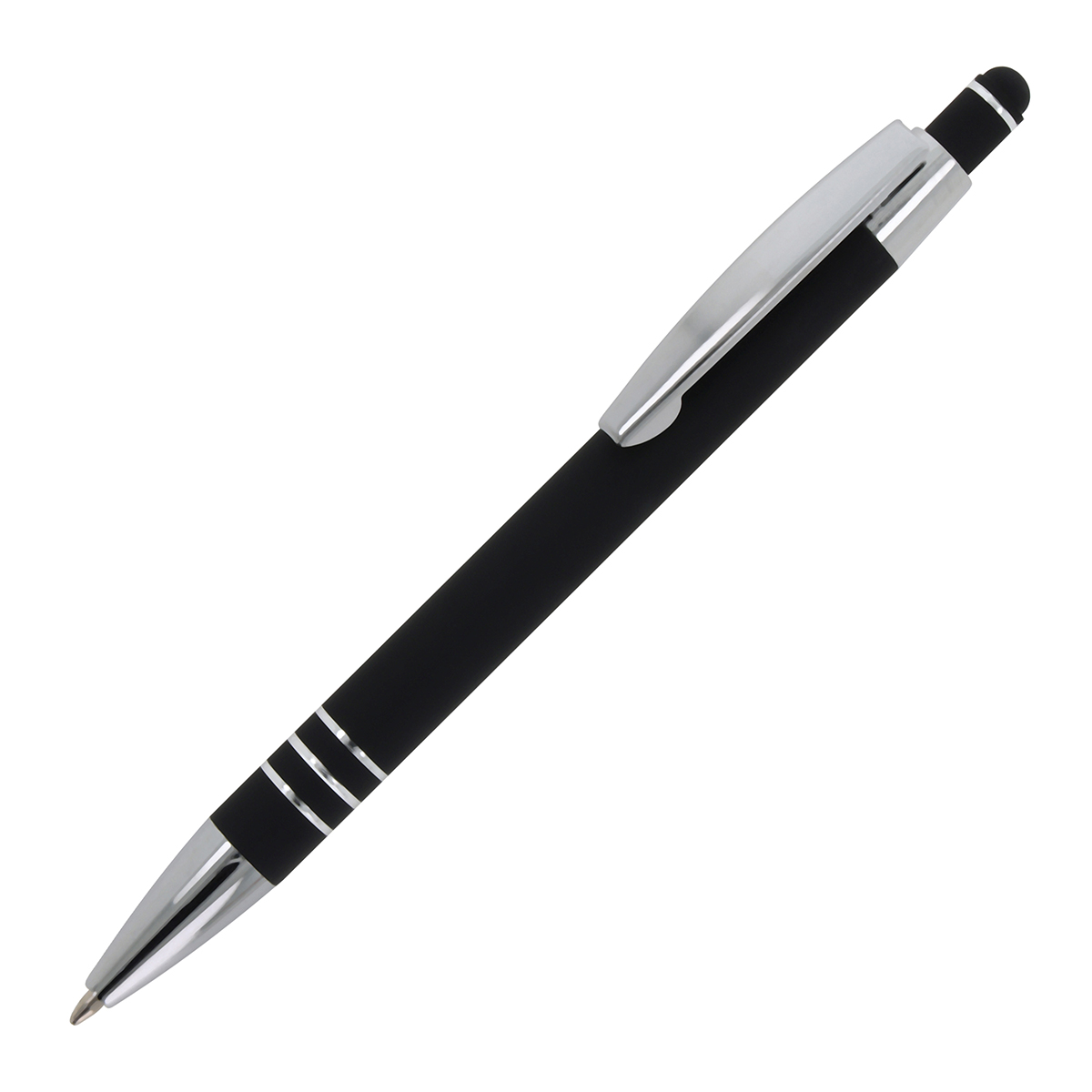 Aluminium-balpen-met-styluspunt-Soft-touch-bedrukken-zwart