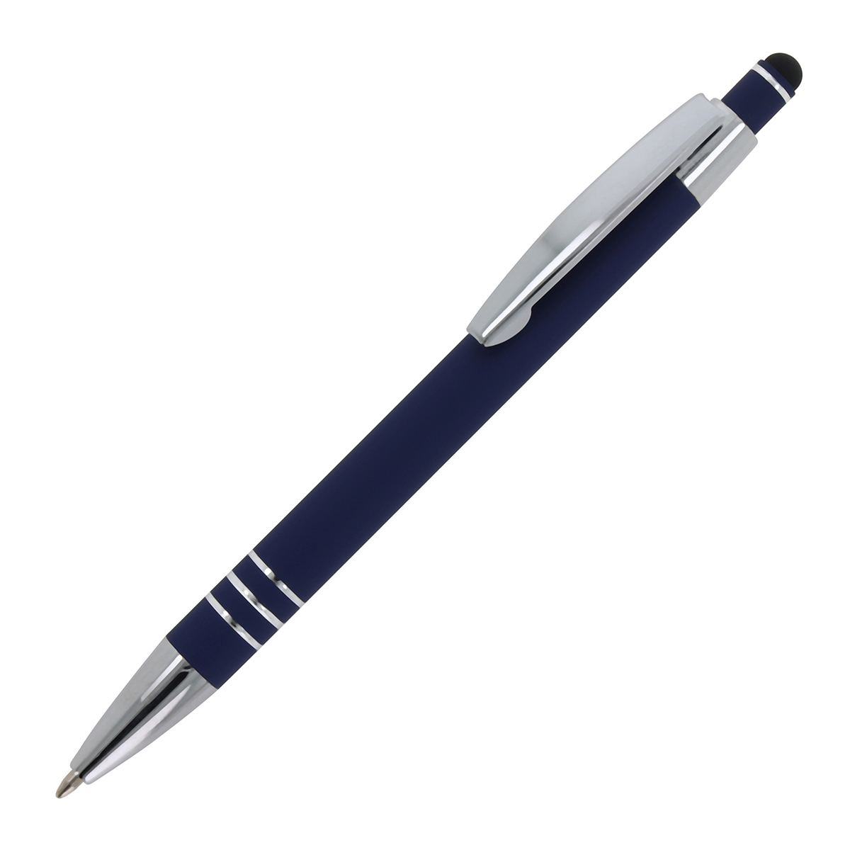 Aluminium-balpen-met-styluspunt-Soft-touch-bedrukken-donkerblauw