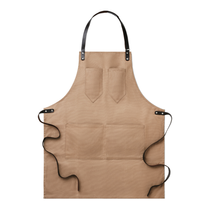 Katoenen-barbecue-schort-met-4-zakken-Waxed-canvas-bedrukken-bruin
