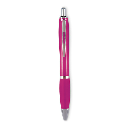 Kunststof-balpen-met-zachte-grip-Drukmechanisme-bedrukken-roze