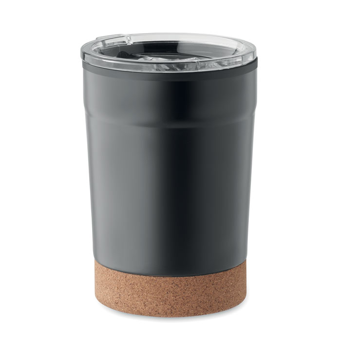 Koffiebeker-met-kurken-onderkant-RVS-300-ml-bedrukken-zwart