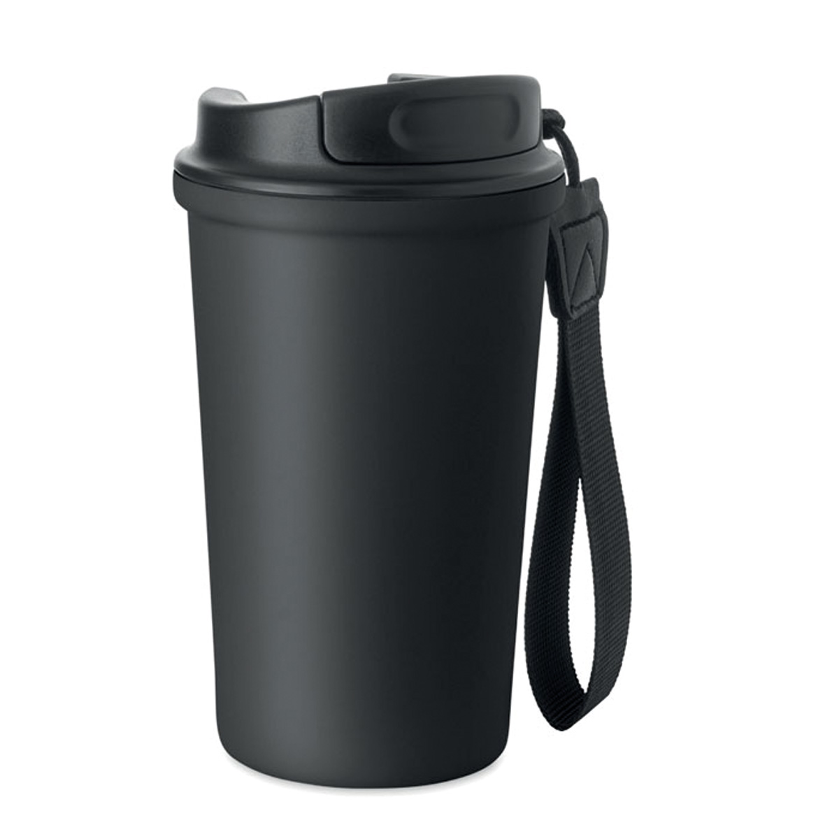 Dubbelwandige-drinkbeker-met-draaglus-Gerecycled-RVS-400-ml-bedrukken-zwart