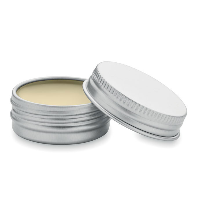 Veganistische-vanille-lippenbalsem-in-aluminium-blikje-SPF10-bedrukken-beige