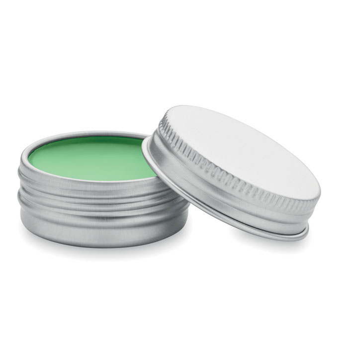 Veganistische-vanille-lippenbalsem-in-aluminium-blikje-SPF10-bedrukken-groen