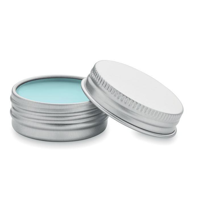 Veganistische-vanille-lippenbalsem-in-aluminium-blikje-SPF10-bedrukken-blauw