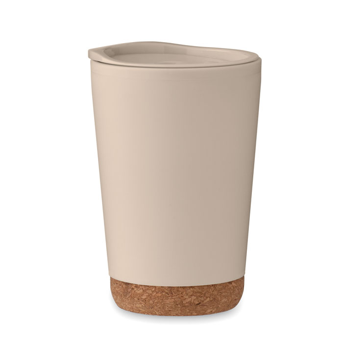 Kunststof-koffiebeker-met-schuifdeksel-Kurk-300-ml-bedrukken-beige