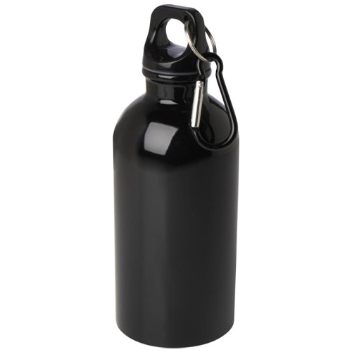 Waterfles-gerecycled-RVS-Met-karabijnhaak-400-ml-bedrukken-zwart