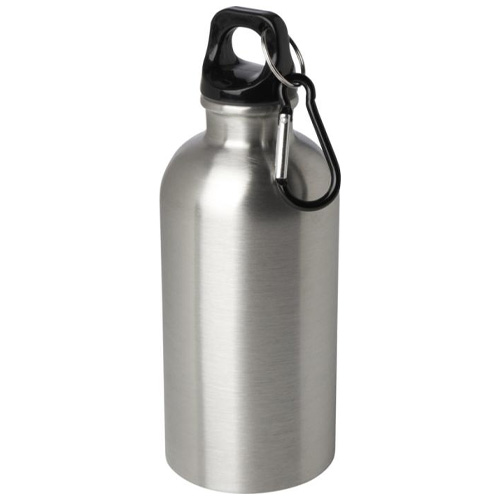 Waterfles-gerecycled-RVS-Met-karabijnhaak-400-ml-bedrukken-zilver