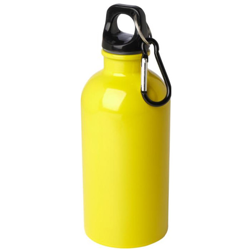 Waterfles-gerecycled-RVS-Met-karabijnhaak-400-ml-bedrukken-geel
