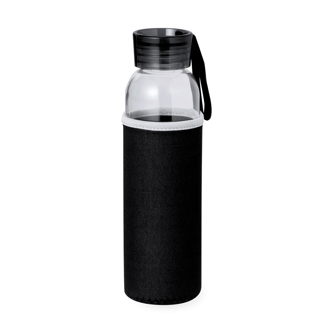 Glazen-waterfles-met-softshell-hoes-500-ml-bedrukken-zwart